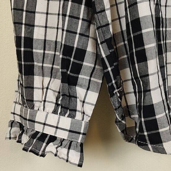 LOFT Long Sleeve Button Down Ruffled Blouse Black and White Plaid - Picture 7 of 12